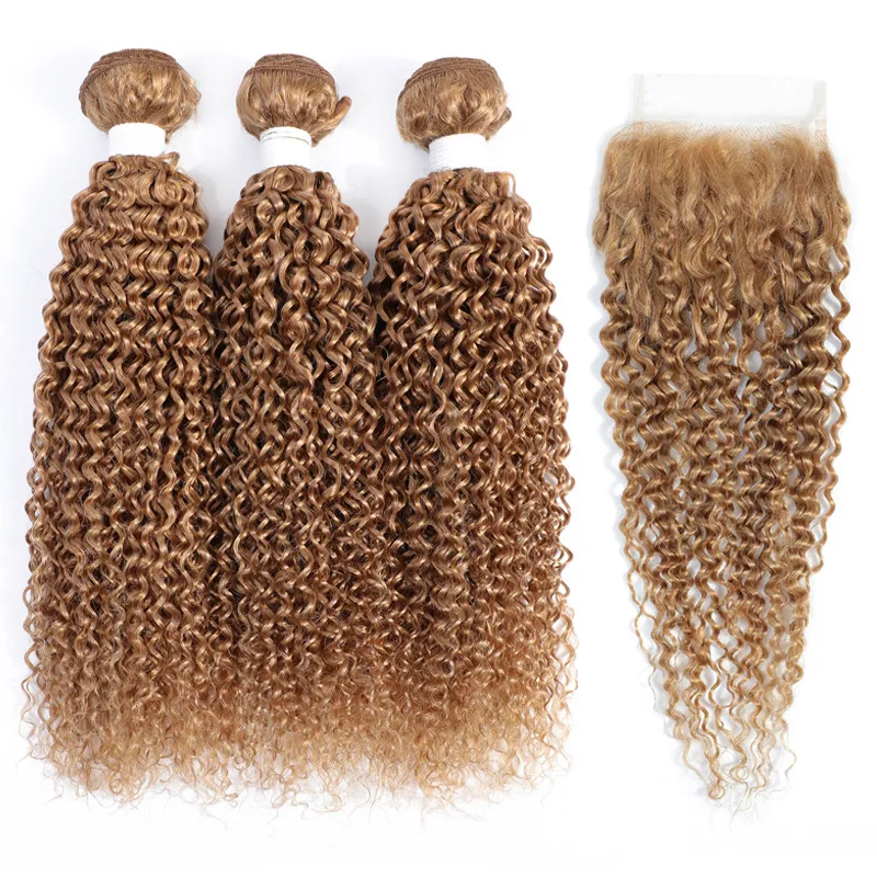 Malaysian Virgin Hair Kinky Curly 27# Color 3 Bunds med 4x4 spetsstängning gratis del Middle del tre del 8-30 tum