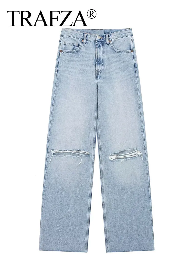 Kvinnors jeans trafza blå baggy jeans kvinnor rippade denim byxor kvinna hög midja breda ben byxor mode y2k streetwear kvinnors byxor 230728