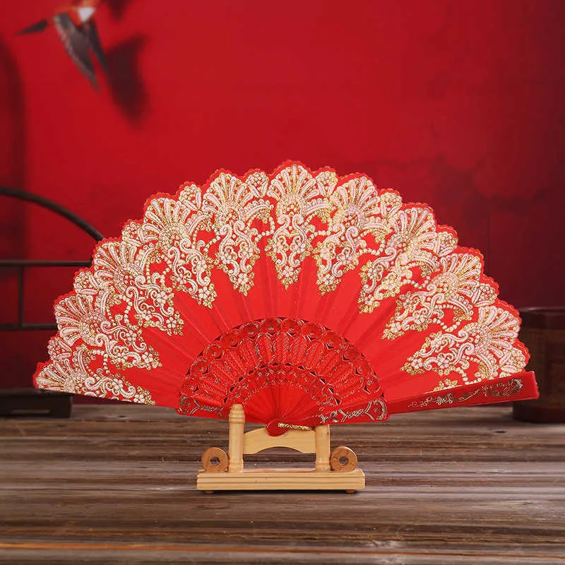 Chinese Style Products Vintage Fabric Glitter Hand Folding Fan Wedding Party Home Living Room Deorative Fan White Black Red Yellow Purple Fan