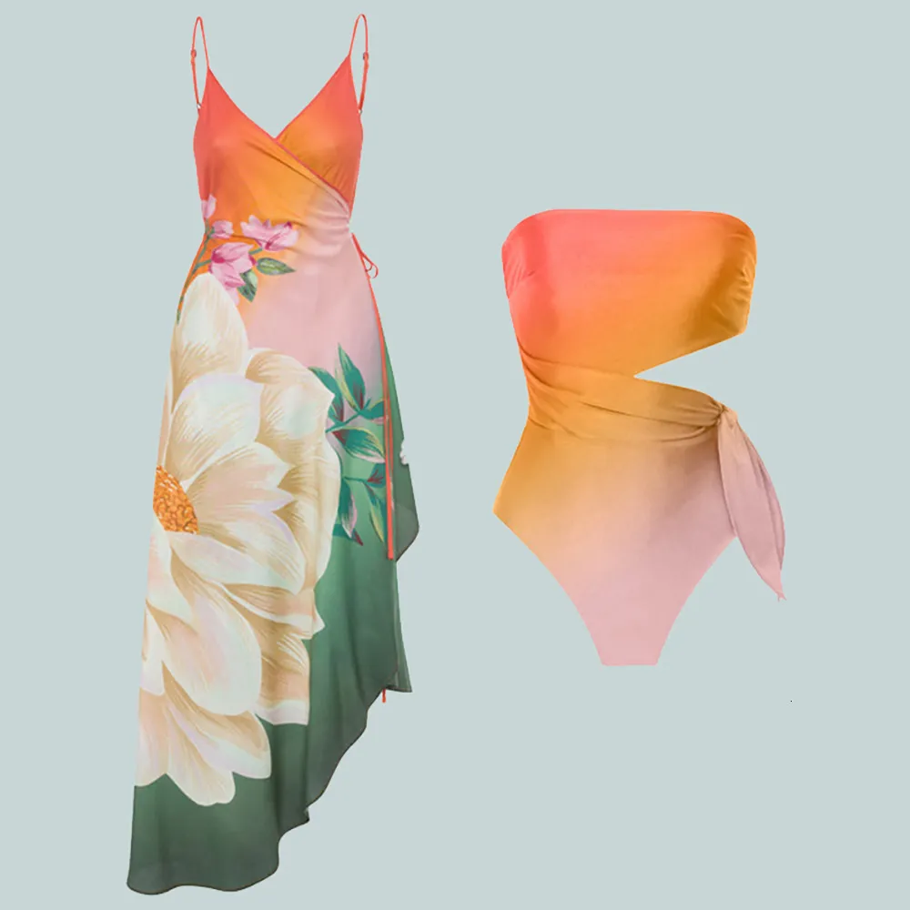 Swim Wear Gradient Color Color Bandeau MAINTURE DE MAISON DE MAINTURE COUPE BICKINI Backless Bikini et Jupe imprimée pour femmes Élégance 230727