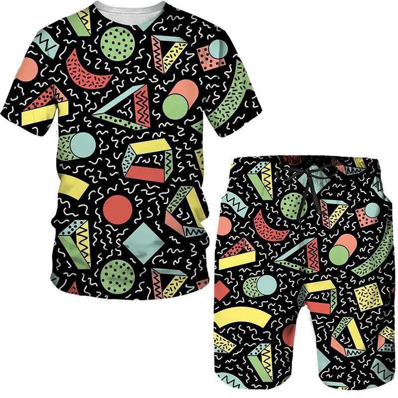 Mens Tracksuits Fun Geometry Pattern Printing T Shirt Loose Oneck Kort ärm toppar Casual bekväma Shorts 2 Piece Outfit Men Clothing 230727