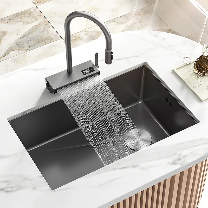 Küchenspüle Nano schwarz Wasserfallspüle Edelstahlspüle Großes Einzelwaschbecken Multifunktions-Küchenspüle Smart Under
