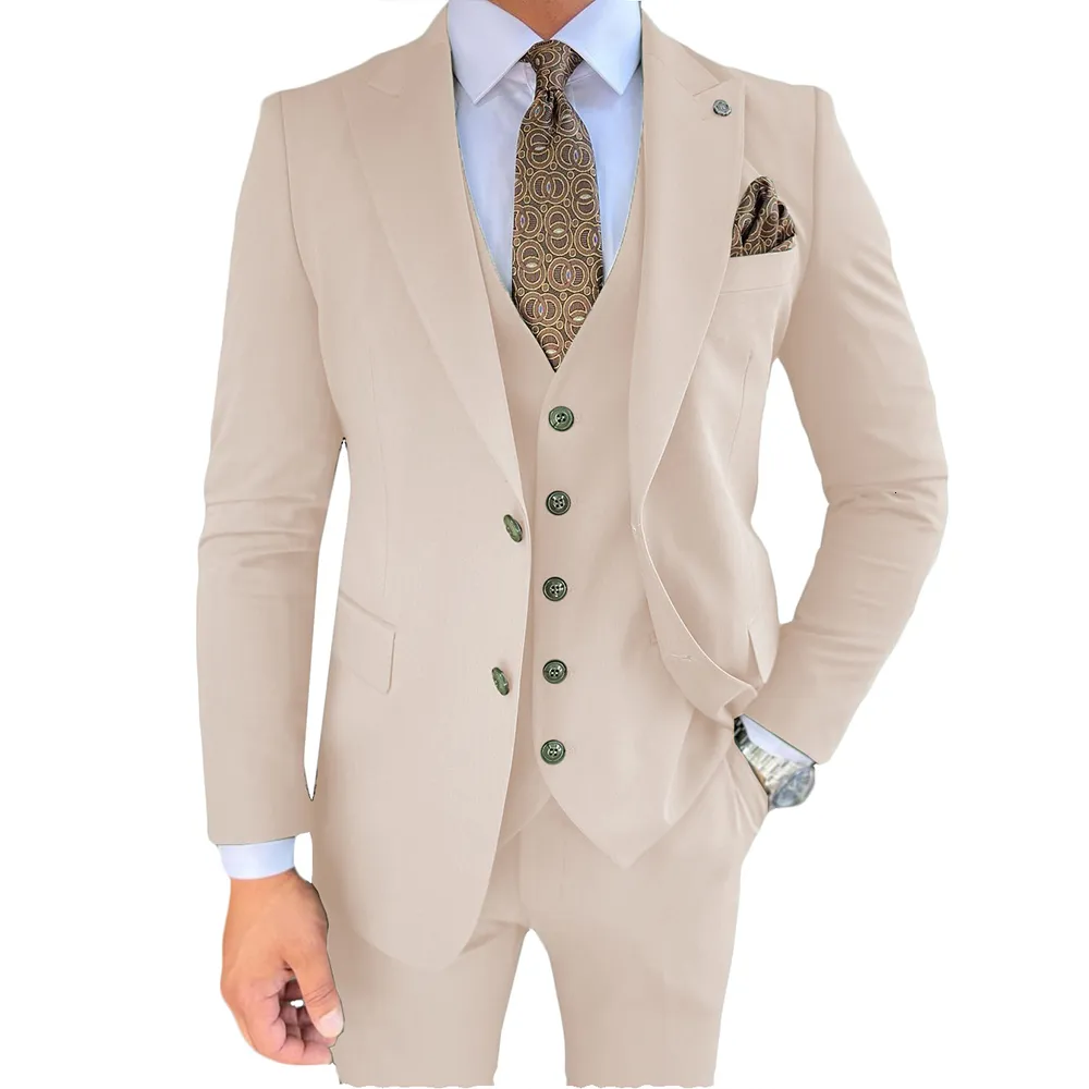 Męskie garnitury Blazers Beige Mens Suit 3 -częściowy pojedynczy piersi kurtka klapowa kurtka Formalne biznesowe przyjęcie weselne Tuxedo Blazer Vest Pants 230727