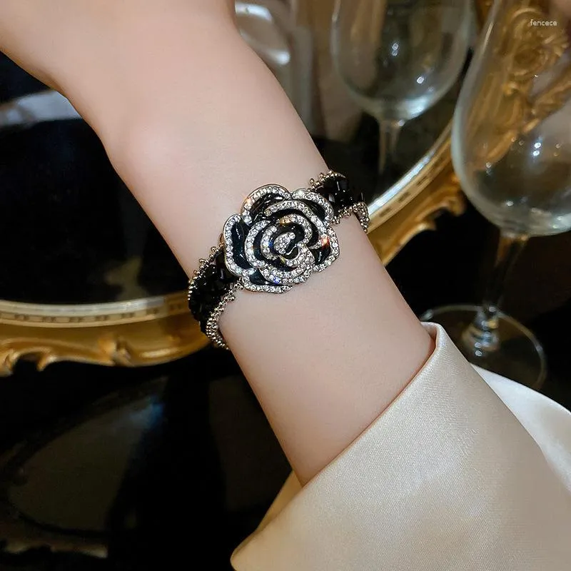 Link Bracciali FYUAN Fashion Camellia Flower Bracciale Donna Braccialetti a catena in cristallo nero Matrimoni Gioielli per feste