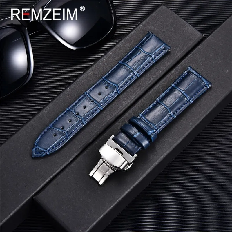 시계 밴드 Remzeim 대나무 패턴 정품 가죽 시계 스트랩 퍼스트 레이어 Cowhide Watch Band 18202224mm와 스틸 나비 버클 230728