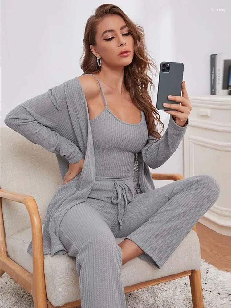 Kadın pijama sonbahar kış waffle örme pijamalar kadın askıya alınan en iyi pantolon robe 3pcs takım elbise gündelik salon ev 2023