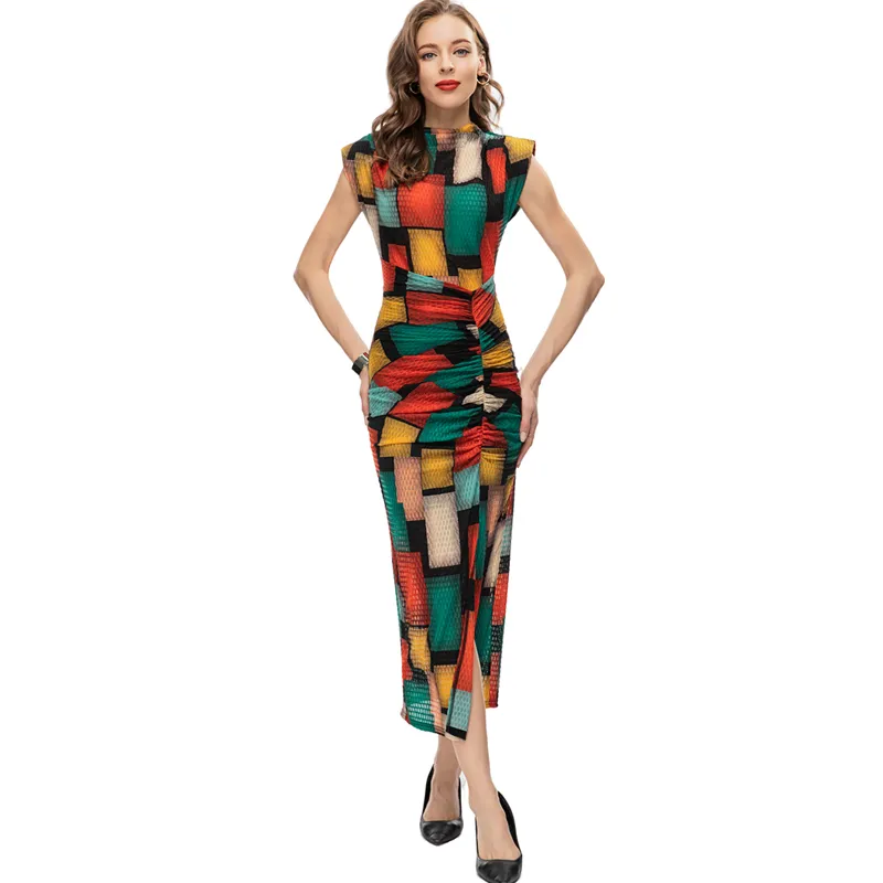 Women's Runway Dresses O Neck Sleeveless Color Block Printed Sexy Split Sheath Fashion Designer Vestidos