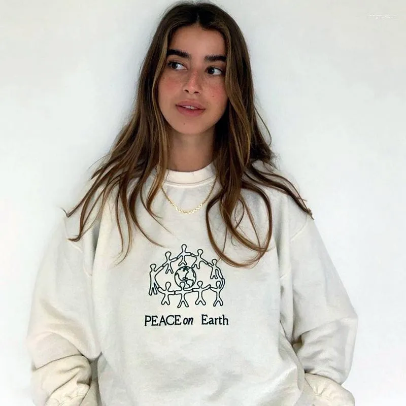 Women's Hoodies Peace On Earth Embroidery Printing Women White Sweatshirts Long Sleeve Loose Vintage Pullover Autumn Thick Warm Aesthetic