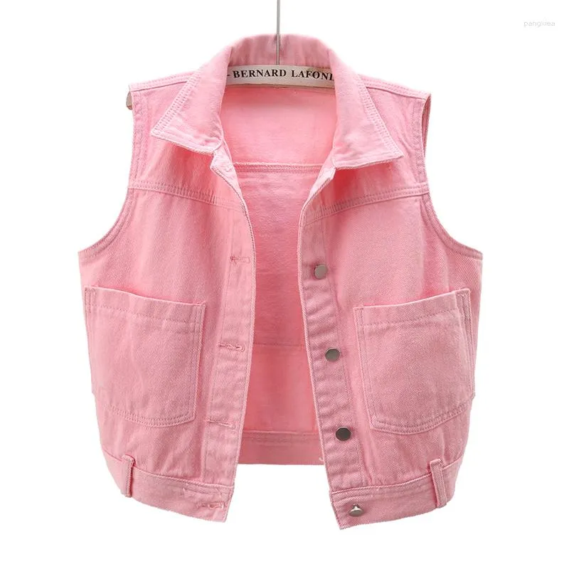 Vrouwen Vesten Koreaanse Mode Roze Denim Vest Vrouwen Vest Zomer Casual Big Pocket Cowboy Mouwloze Jas Slanke Korte Jeans Vrouwelijke