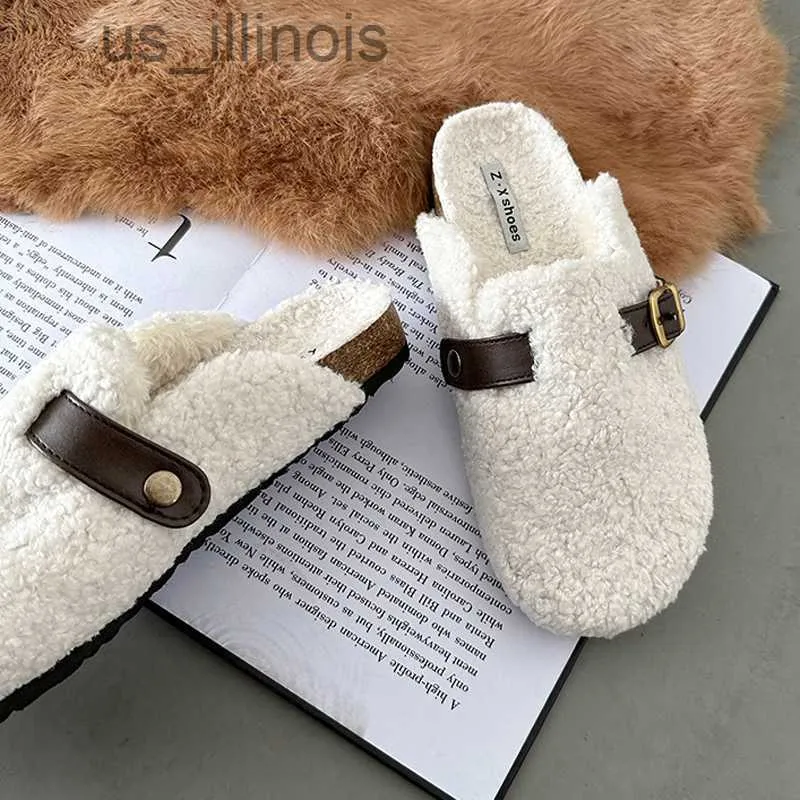 Pantoufles De Luxe Designer Laine D'agneau D'hiver Coton Chaussures Femmes Pantoufles Chaud En Peluche Bouclés Fourrure De Mouton Appartements Boucle Ceinture Mules Mocasines Mujer J230728