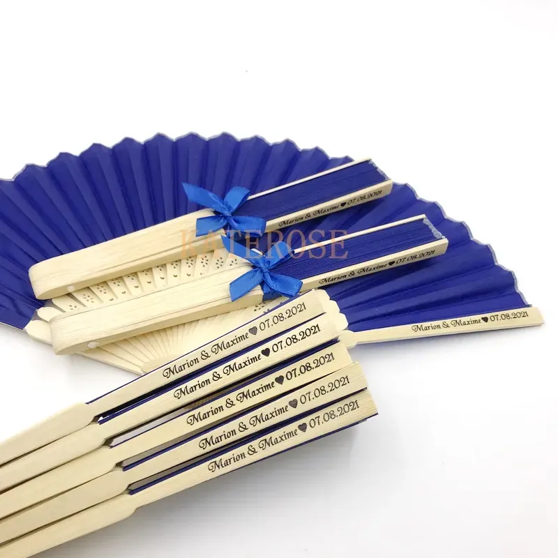 Event Party Supplies Custom Printing Name&Date Wedding Favors Hand Foldable Fan in Dark Blue Color Birthday Keepsakes