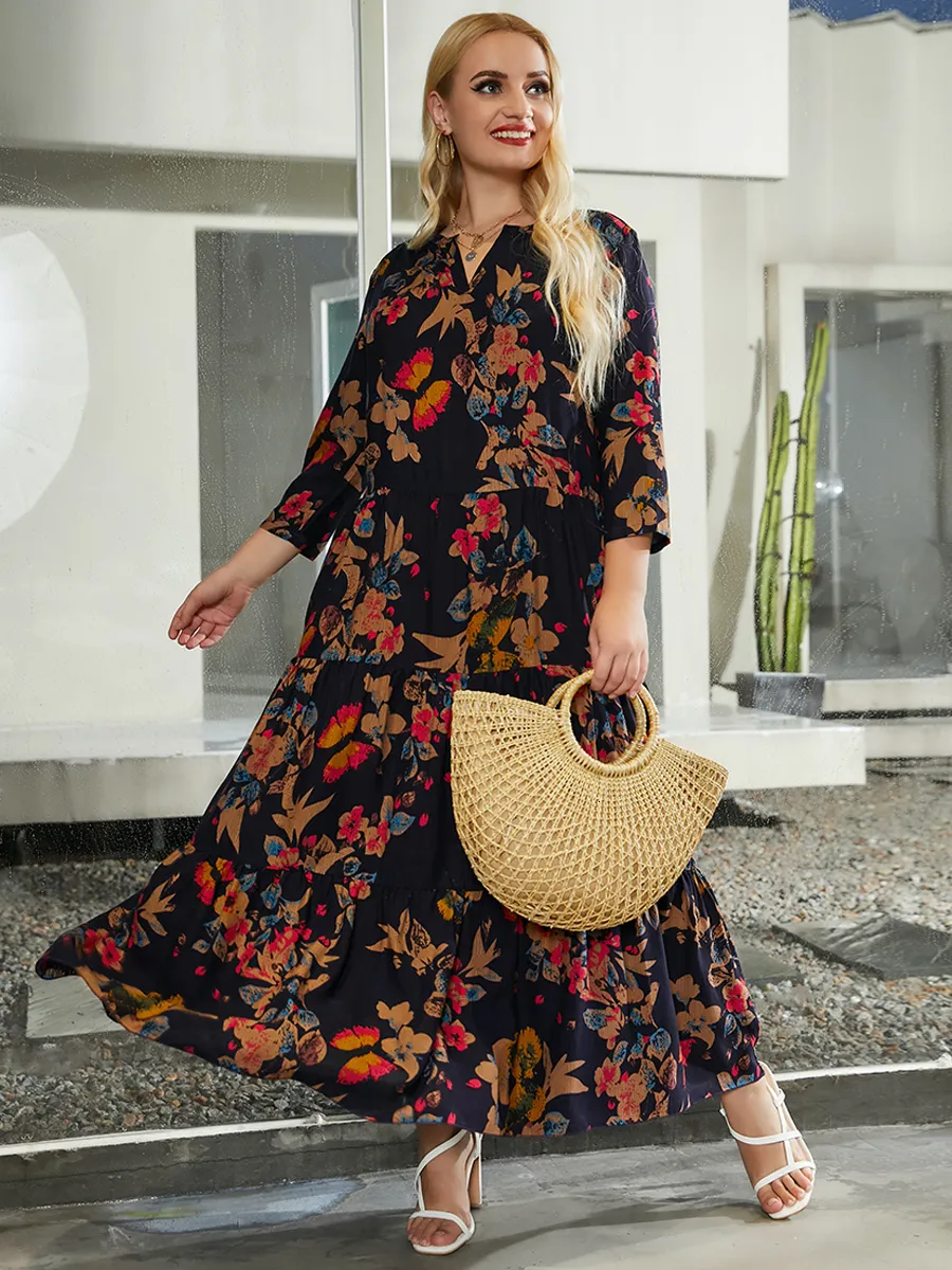 Plusstorlekar 2023 Spring Autumn Woman Dress Cotton V Neck Floral Print Retro Loose Overized Maxi Long 4XL 5XL Size Women Clothing 230727