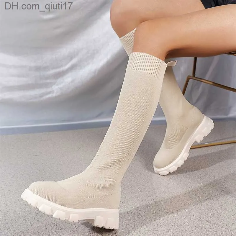 Boots Knitted women's knee high boots elastic socks boots platform women's shoes autumn and winter ultra-thin high heels round toes women's long boots Z230728