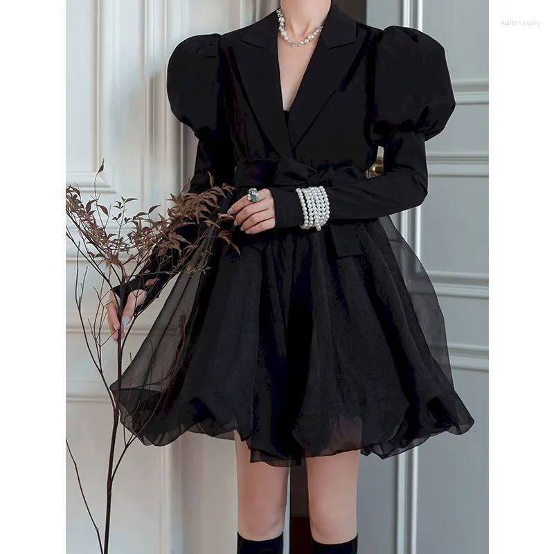 Robes décontractées UNXX coréen noir Mini Blazer robe femmes élégant Vintage Chic maille conception Y2k hiver ceinture soirée mince