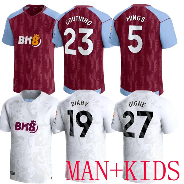 23/24 Soccer Jerseys Kids Kit Home 2023 2024 Aston Villas Football Shirt Training Away Fans Player Version Camisetas Futbol MINGS Mcginn