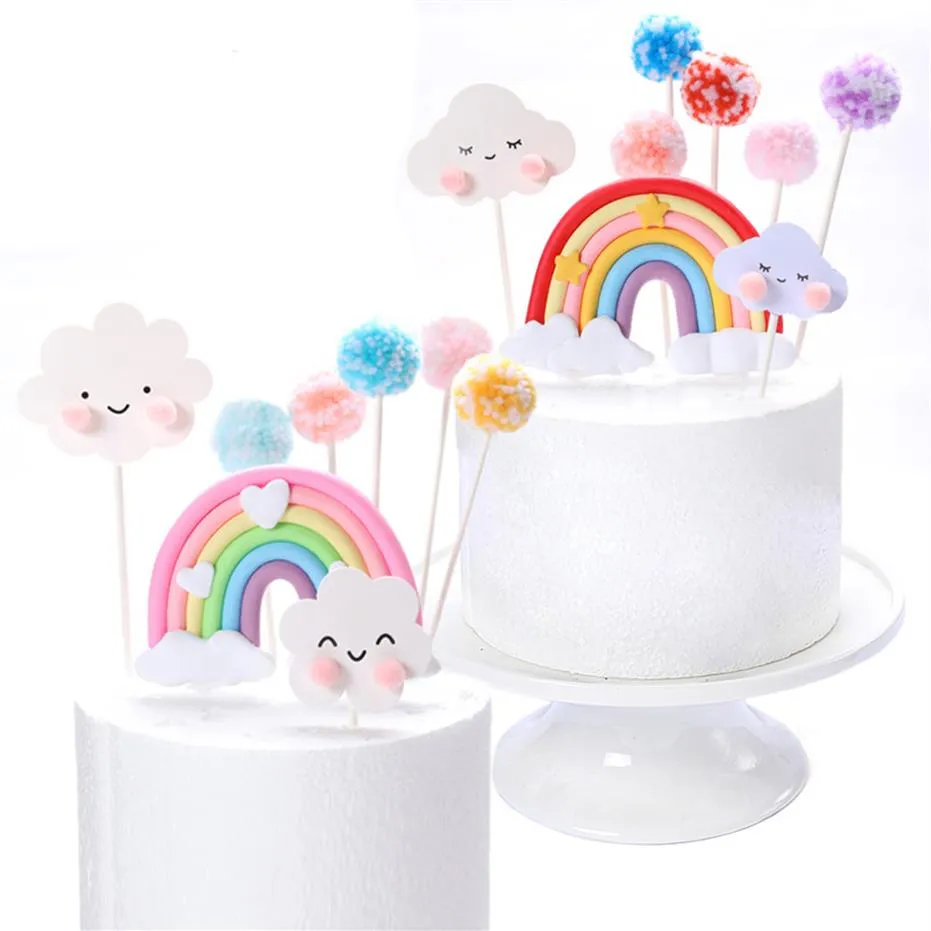 Otros suministros festivos para fiestas corazón Arco Iris nube pastel Toppers pompón decoración para boda cumpleaños Baby Shower Cakes2661