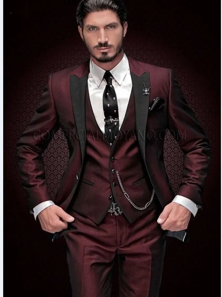 Herrenanzüge Blazer Nach Maß Männer Glänzend Burgund Bräutigam Smoking Schwarz Revers Trauzeugen Hochzeit Bräutigam Jacke Hosen Weste Krawatte D188 230728