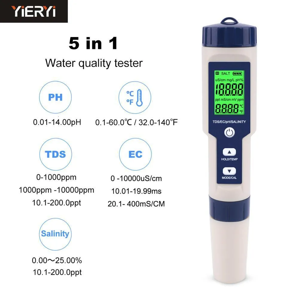 wholesale PH Meters 5 in 1 TDS/EC/PH/Salinity/Temperature Meter Digital Water Quality Monitor Tester for Pools Drinking Water Aquariums 230728