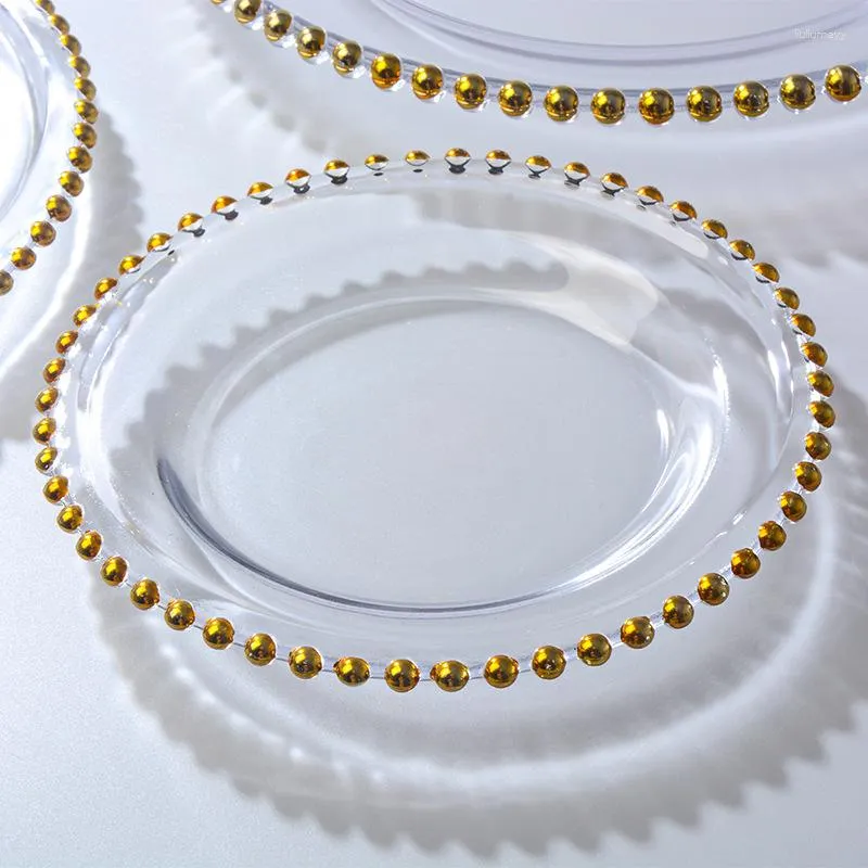 Plates Factory Wholesale 8 Inch Gold Silver Rim Clear Beaded Point Glass Dish Charger Plate