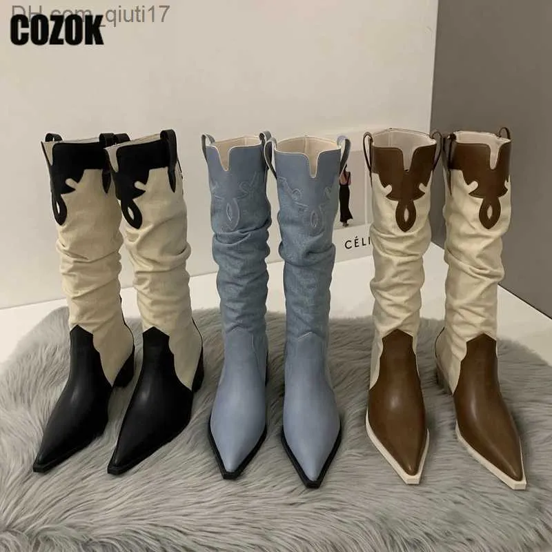 Botas 2023 New Western Cowboy boot Mujer retro ángulo punta Denim invierno mujer rodilla botas altas deslizamiento largo plisado zapatos de mujer Z230728