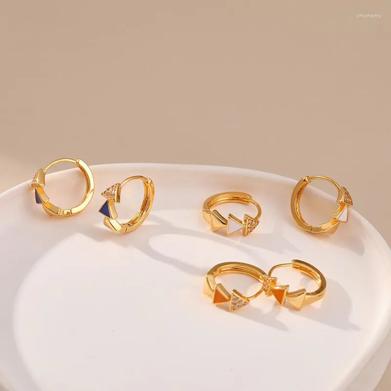 Hoop Earrings Triangle Shape Simple Circle Inlaid Zircon Small Exquisite Dropping Oil Process 18k Gold Plated For Women