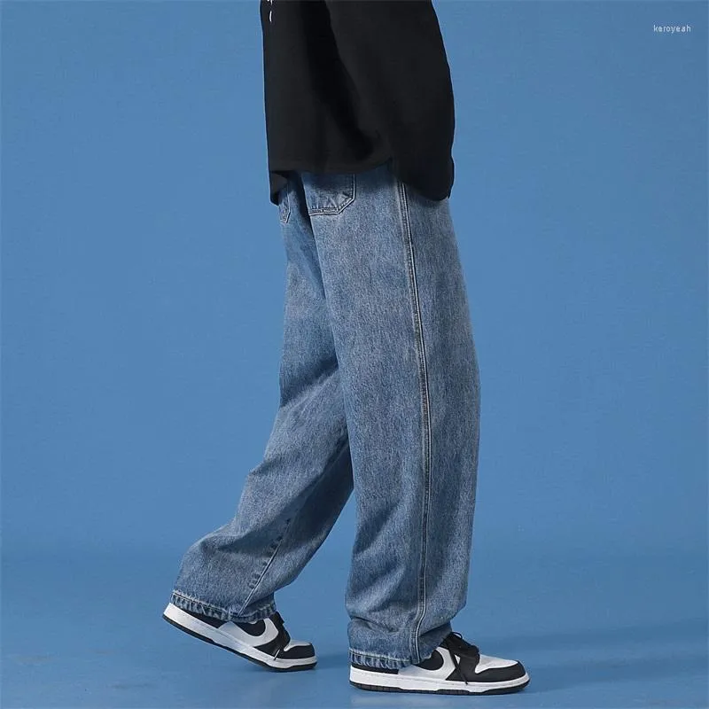 Jeans pour hommes jambe large pour hommes mode couleur unie basique Denim pantalon Hip Hop Streetwear Vintage bleu mâle Style coréen pantalon décontracté