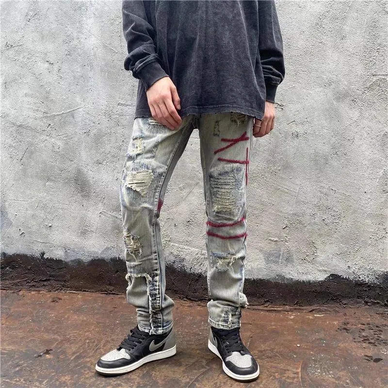 Men's Jeans Men Street Style Ripped Spring Summer Fashion Slim Hip Hop Denim Pants Cargo Vintage Tide Casual Male Trousers Grey