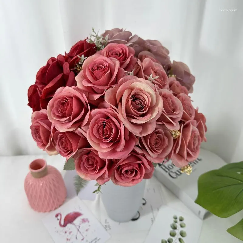 Fleurs décoratives 9 Tête Rose Artificielle Bouquet De Mariée Décor À La Maison Salle De Fleurs Décoration De Bureau Fournitures De Mariage Pour La Mariée