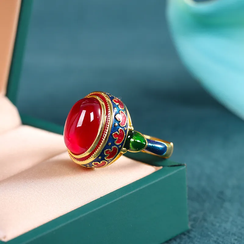 Wedding Rings Original ancient gold craftsmanship natural carnelian rings for women flower enamel national style light luxury jewelry 230727