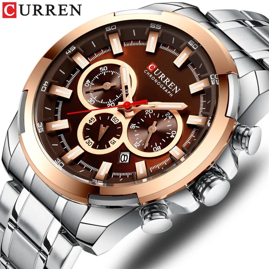 Stainless Steel Men's Watch CURREN New Sports Watch Chronograph and Luminous pointers Wristwatch Fashion Mens Dress Watches266e