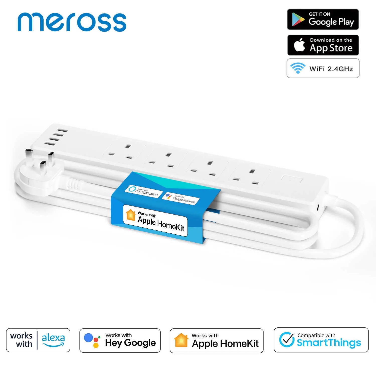 Smart Power Plugs Meross HomeKit Smart Power Strip WiFi Multi Plug Extension UK Outlet مع 4 مآخذ توصيل 4 منافذ USB تعمل مع Siri Alexa Home HKD230727