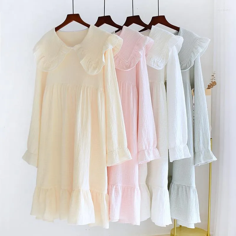 Women's Sleepwear Big Lapel Nightgown Pullover Nightdress Cotton Long Sleeves Spring/Autumn Thin Soft Double Seersucker Girl Mid-length