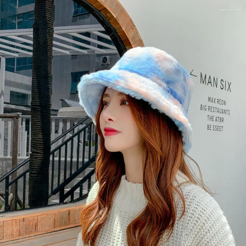 Berets Women Winter Polyester Imitation Fur Tie Dye Shopping Bucket Cap Big Wide Brim Plus Plush Thick Warm Fisherman Hat R52