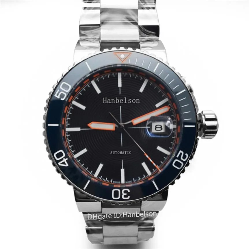 Relógios masculinos Montre De Luxe cinza titânio Relógios de pulso Movimento automático Mostrador preto Pulseira de metal Escala laranja Hanbelson2190