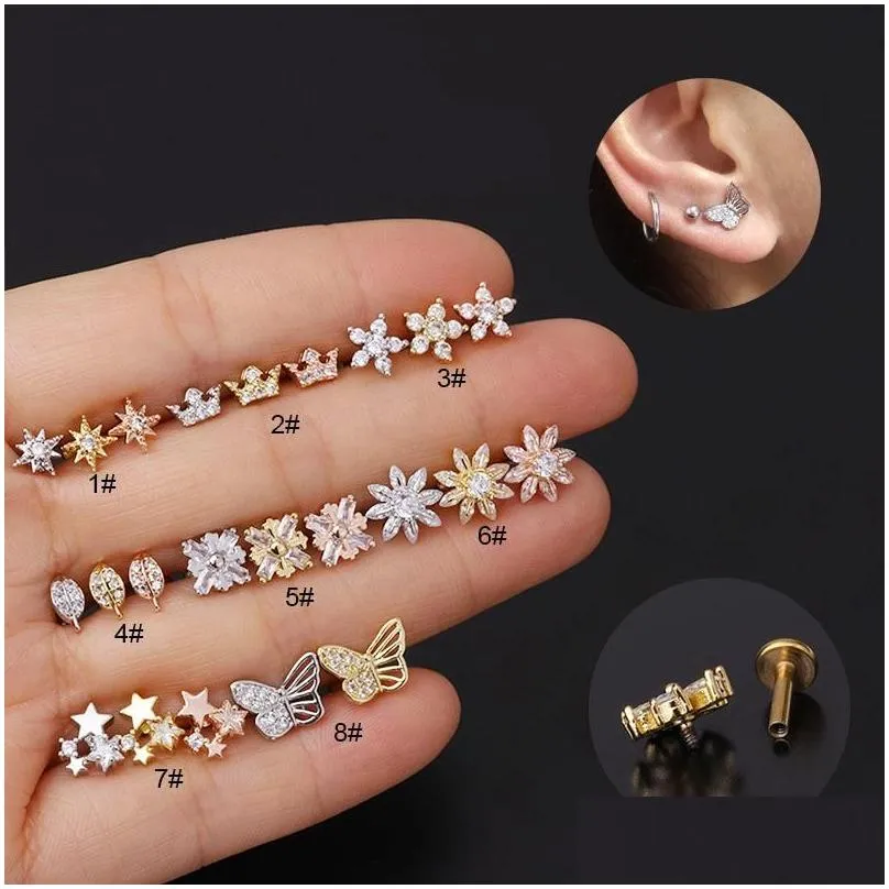 Stud 1pc 16g Cz Ear Piercing Brosket örhängen Flower Star Fjäril Conch Rook Tragus Flat LaBret Back Jewelry Drop Delivery DHCW4