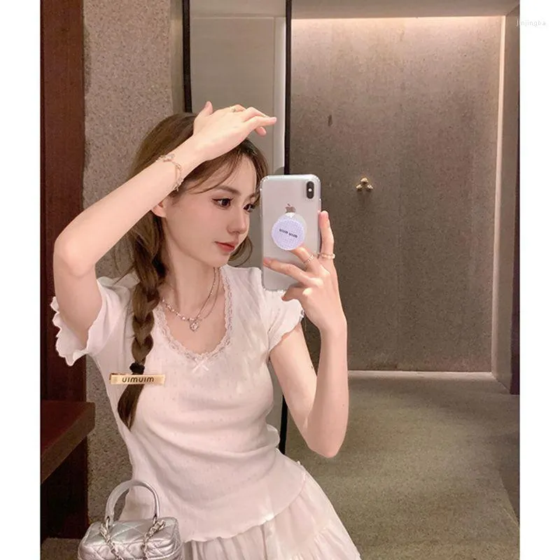 Magliette da donna Iyundo Coreano Chic Summer Tops Sweet Lace Bow T-shirt a maniche corte Stile balletto Cotone sottile Abiti corti femminili