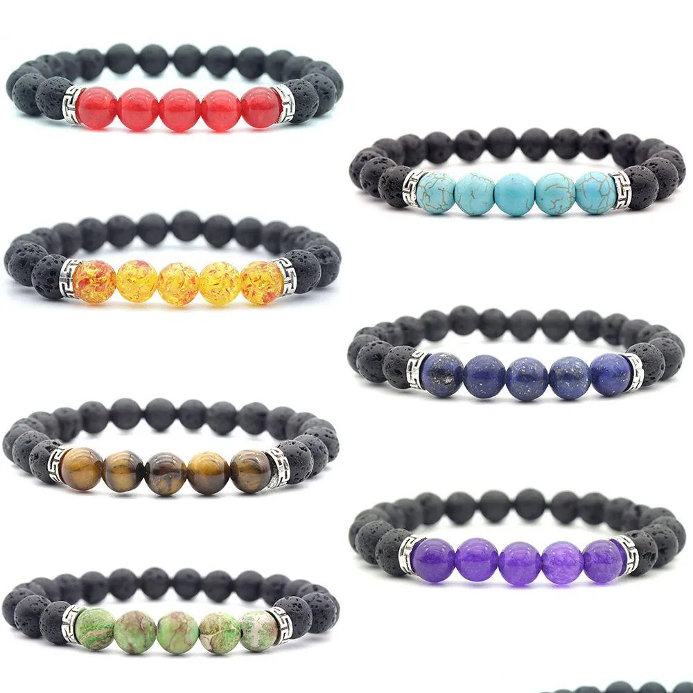 Kunst und Handwerk Neue 7 Chakra Stein Perlen Armreif Frauen 8mm Natürliche Lava Rock Charme Energie Draht Armbänder Für Männer S Mode Schmuck Geschenk Dhftj