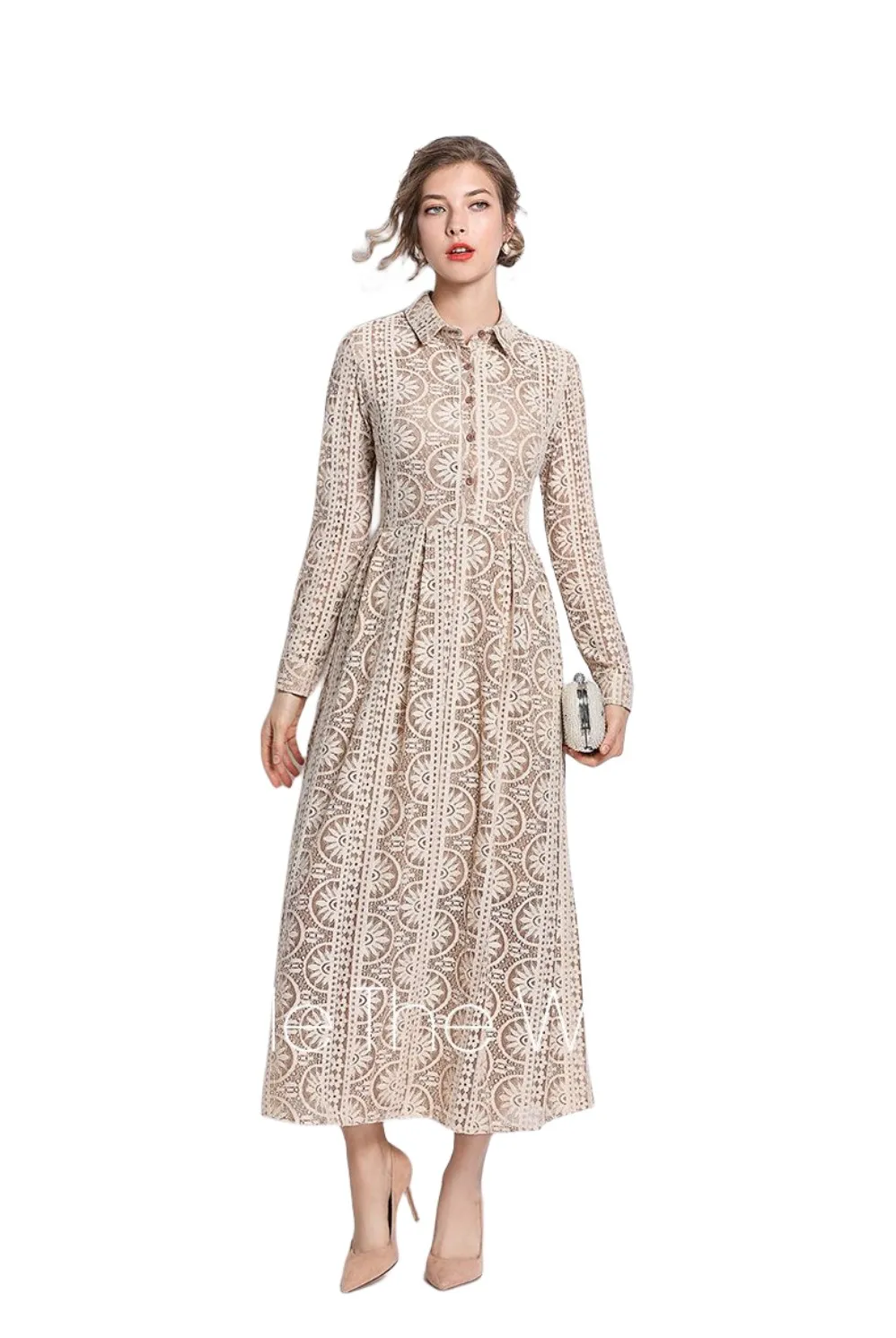chinese dress ladies Elegant stand-up collar long sleeve waist pleated long dress – Negative  Apparel