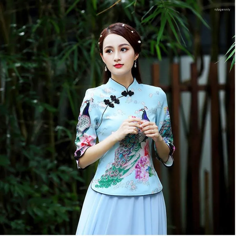 Ubranie etniczne Sheng Coco S-4xl Bluzka Chin Chińska tradycyjna Cheongsam Peacock Printing Qipao Tops Koszulki Poprawa moden hanfu