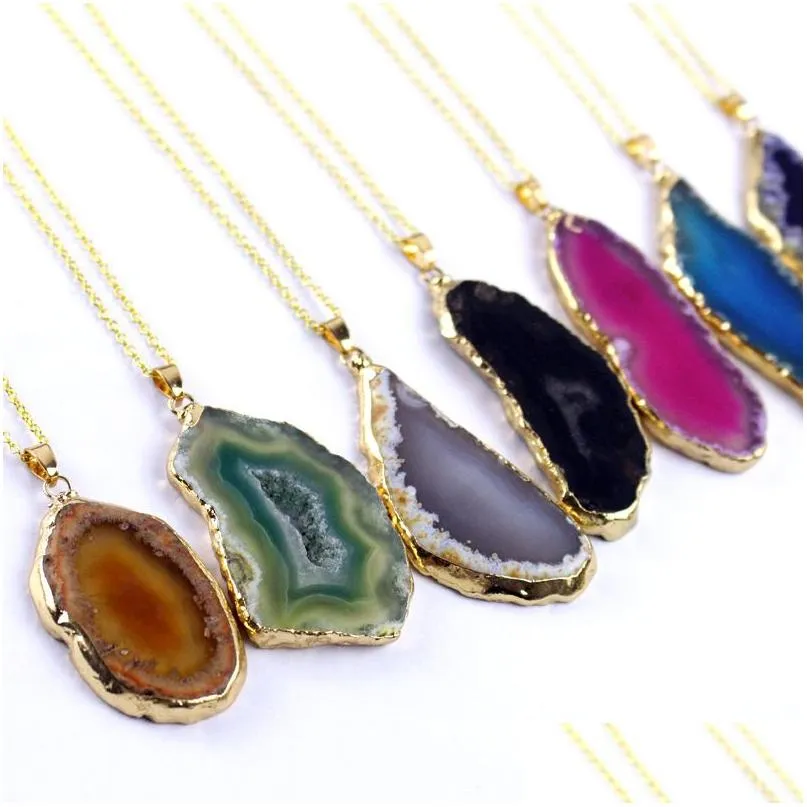 Arts And Crafts Stainless Steel Chain Natural Stone Agate Pendant Necklace Gold Edge Irregar Shape Necklaces Women Fashion Jewelry Wil Dhw3M
