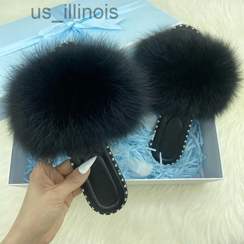 Slippers Flip Flops Women Summer Real Fur Flat Slippers Natural Luxury Fur Slides Ladies Jelly Shoes Furry Slides Sandals J230728