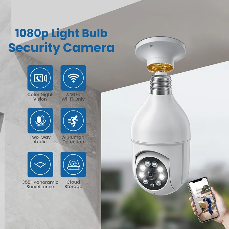 Eken HT50 Light Light Light Camera IP Cameras E27 Light HD 1080p الرؤية الليلية الكشف