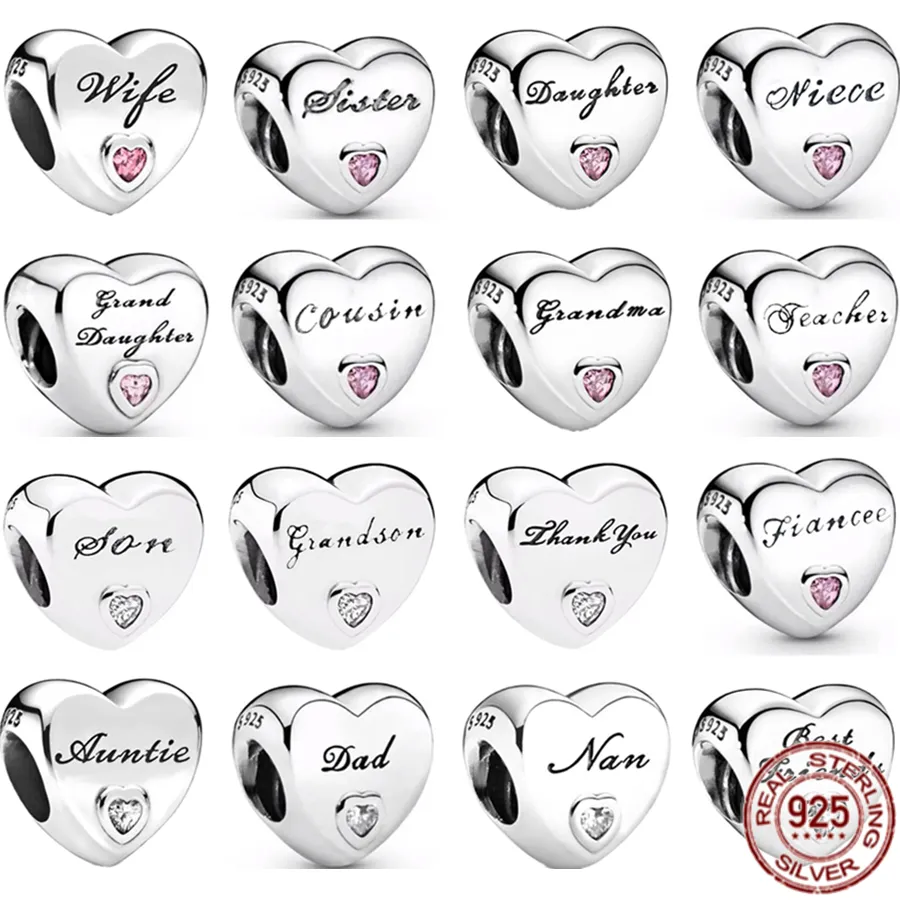 925 Silver Fit Pandora Charm BDaughter Sister Wife Cousin Oncle Heart Shape Fashion Charms Set Pendentif DIY Fine Beads Jewelry, Un cadeau spécial pour les femmes