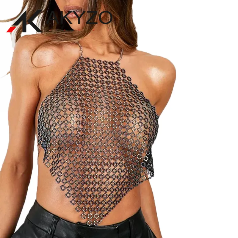 Vrouwen Tanks Camis Crop Top Vrouwen Zomer Sexy See Through Metal Y2k Halter Beach Party Tank Club Rave Outfits visnet Tops 230727