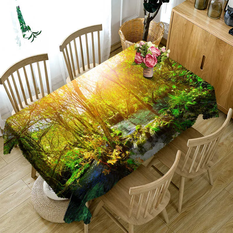 Toalha de mesa retangular com estampa de paisagem florestal, toalha de mesa para decoração de casa, à prova d'água, cobertura para mesas de café