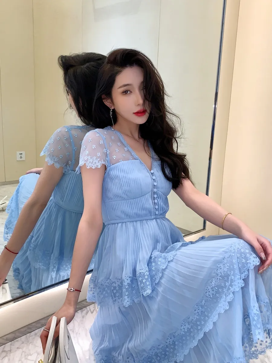 Chiffon Dress 3 4 Sleeve Blue Tiered Midi Dress V Neck