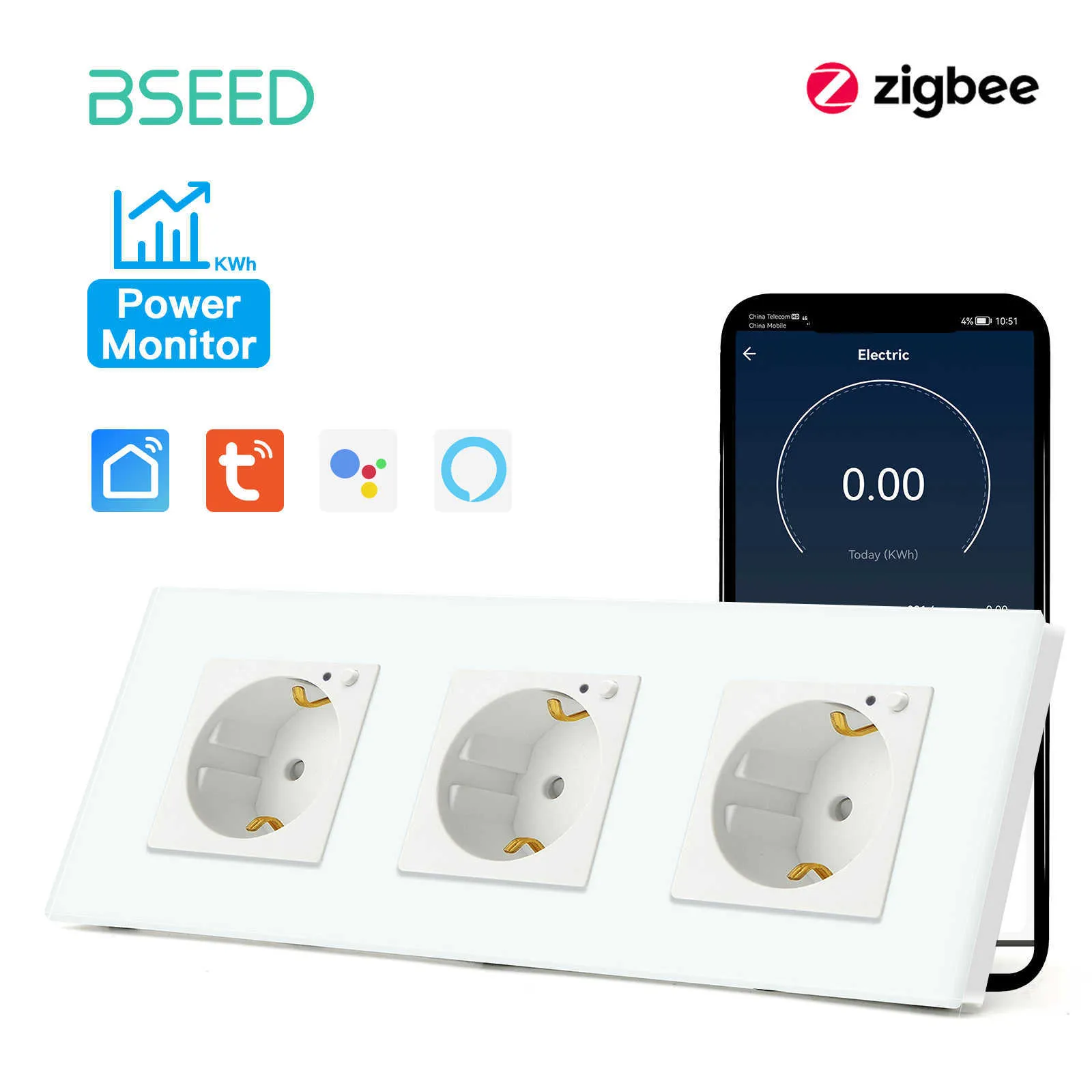 Enchufes de alimentación inteligentes BSEED Enchufes de pared triples Zigbee Enchufe inteligente Monitor de potencia Salidas Panel de vidrio Tuya Smart Life Goolge Alexa Control inalámbrico HKD230727