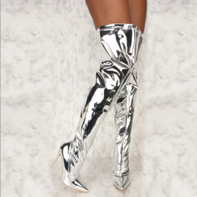 Boots Women Sexy Silver Mirror Boots High Boots T Show Pointy Toe Club Party Shoes Thin High Cheels على أحذية الركبة الطويلة للنساء 230727