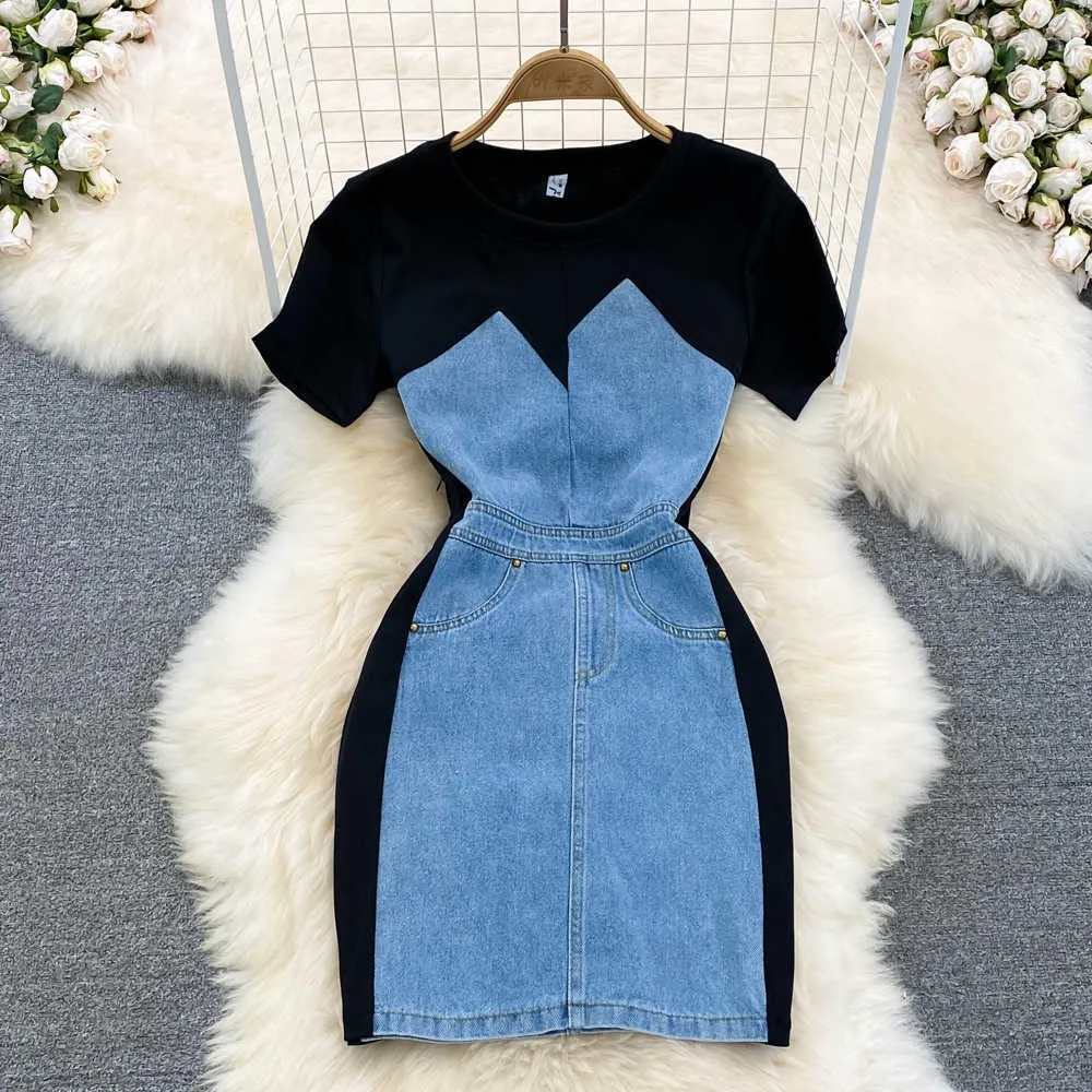 Hong Kong Style Fake Two Piece Round Neck Sleeve Denim Splice Slim Fit Short Wrap Hip Dress Summer