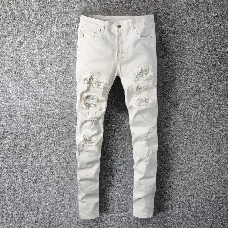 Men's Jeans White Crystal Holes Ripped Fashion Slim Skinny 2023 Rhinestone Stretch Denim Pants Hole Patch Tight Jean